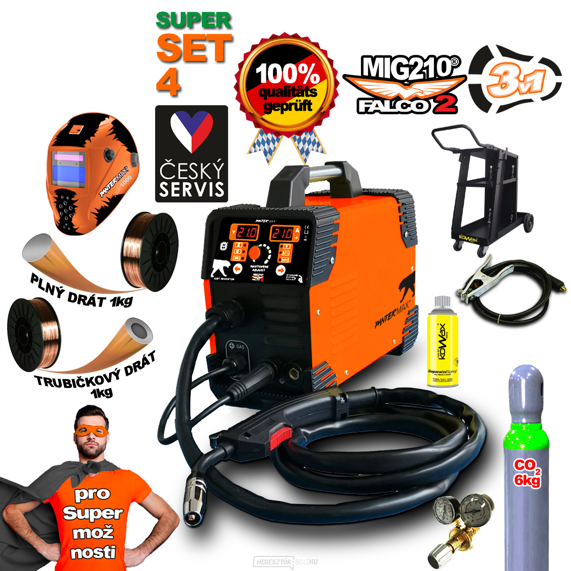 PANTERMAX MIG210FALCO 2 inverteres MIG/MMA hegesztő + sisak + 2m kábelek + pisztoly + váz + piros. Szelep + teli CO2 palack