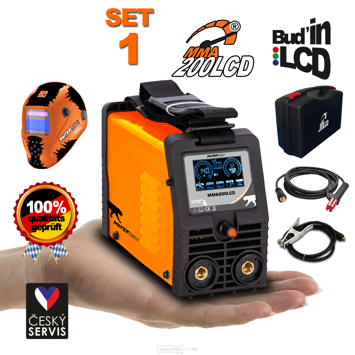 PANTERMAX MMA200LCD MMA/TIG inverteres hegesztő + kábelek 2m + burkolat + műanyag tok