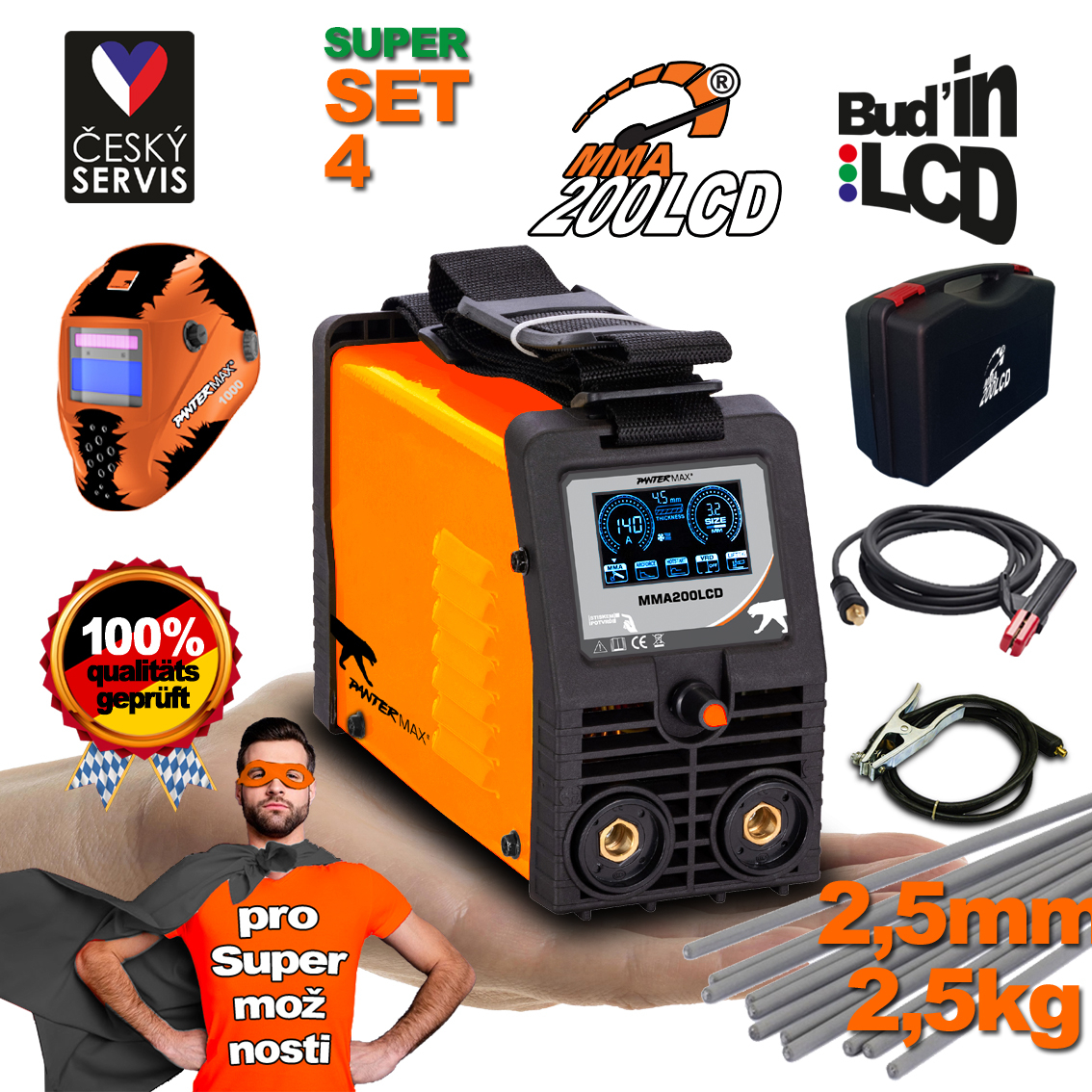PANTERMAX MMA200LCD MMA/TIG inverteres hegesztő + 2 m kábelek + burkolat + műanyag tok + 2,5 kg elektródák