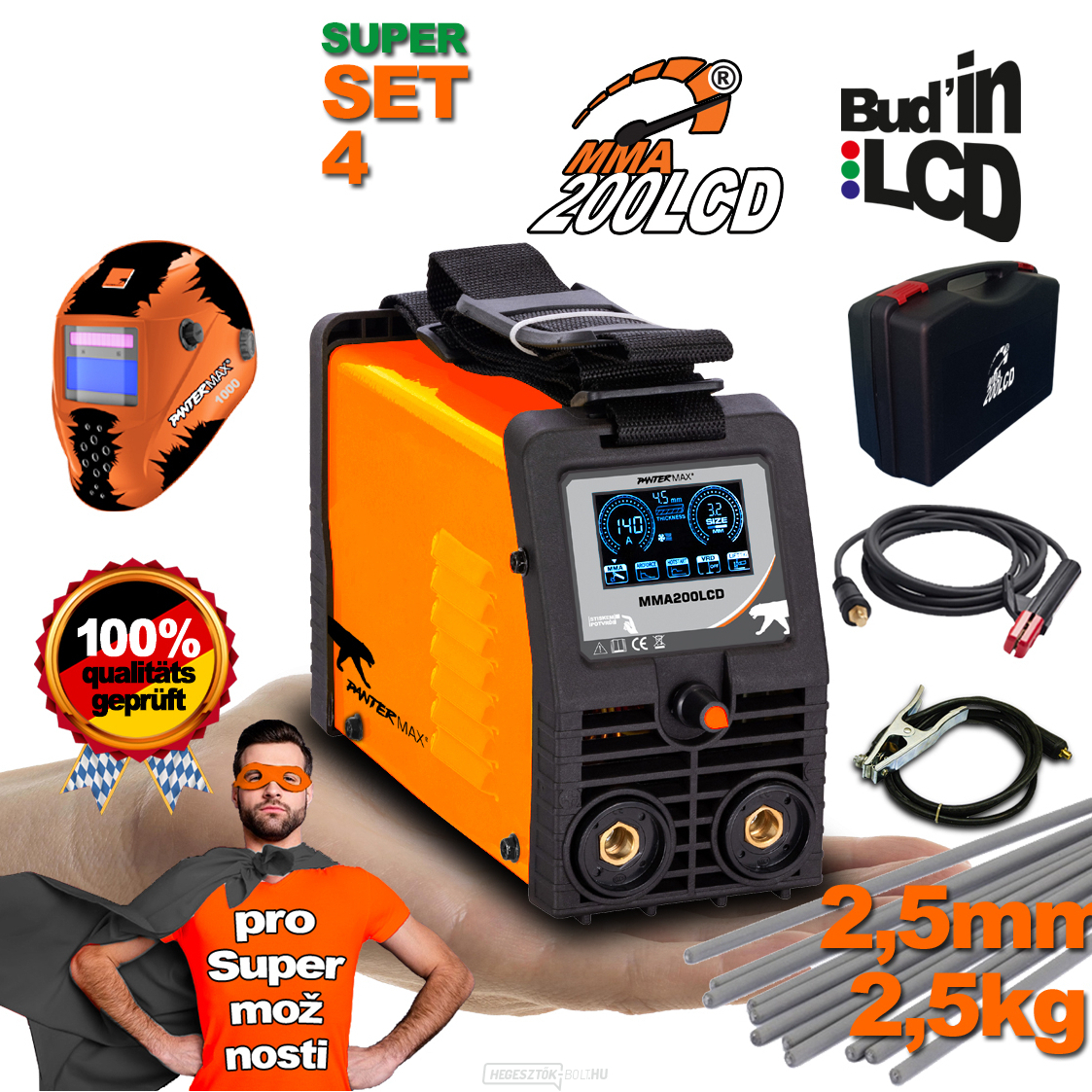 PANTERMAX MMA200LCD MMA/TIG inverteres hegesztő + 2 m kábelek + burkolat + műanyag tok + 2,5 kg elektródák