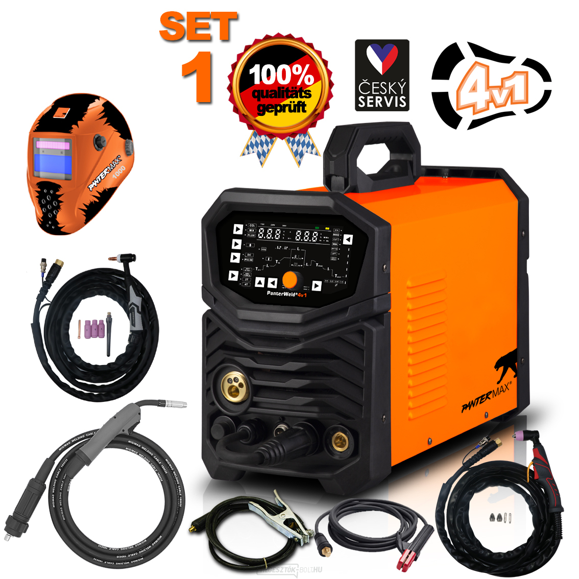 PANTERMAX PanterWeld®4v1 200 MULTIFUNKCIÓS MIG/TIG/MMA/PLAZMA inverteres hegesztő + tető + lámpák + kábelek + elektróda + piros. Szelep