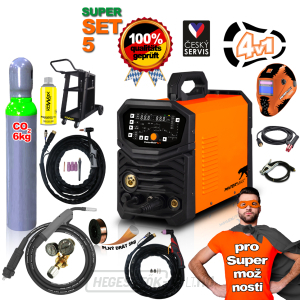 MULTIFUNKCIÓS inverteres hegesztőgép MIG/TIG/MMA/PLAZMA SET5 PANTERMAX PanterWeld®4v1 200 + Motorháztető + piros. Szelep + huzal 5kg + Co2 palack tele + alváz + szep. Spray + fáklyák + kábelek + elektróda