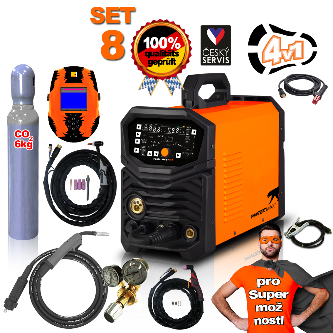 PANTERMAX PanterWeld®4v1 200 TÖBBFUNKCIÓS inverteres hegesztő MIG/TIG/MMA/PLAZA + Sisak + Piros. Szelep + teli CO2 palack