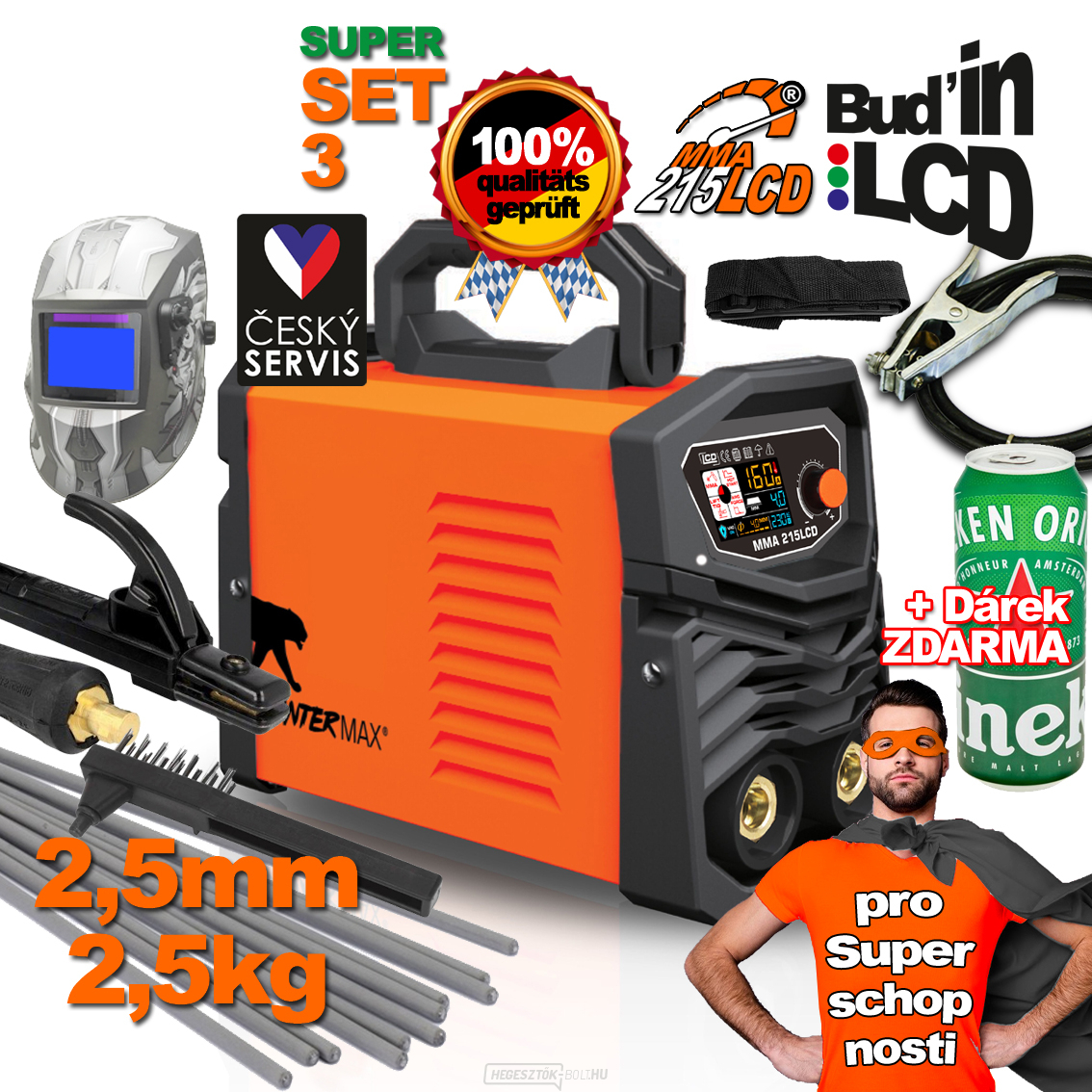 PANTERMAX MMA215LCD MMA/TIG inverteres hegesztő + burkolat + kábelek + kefe + szíj + elektródák 2,5 kg + ajándék