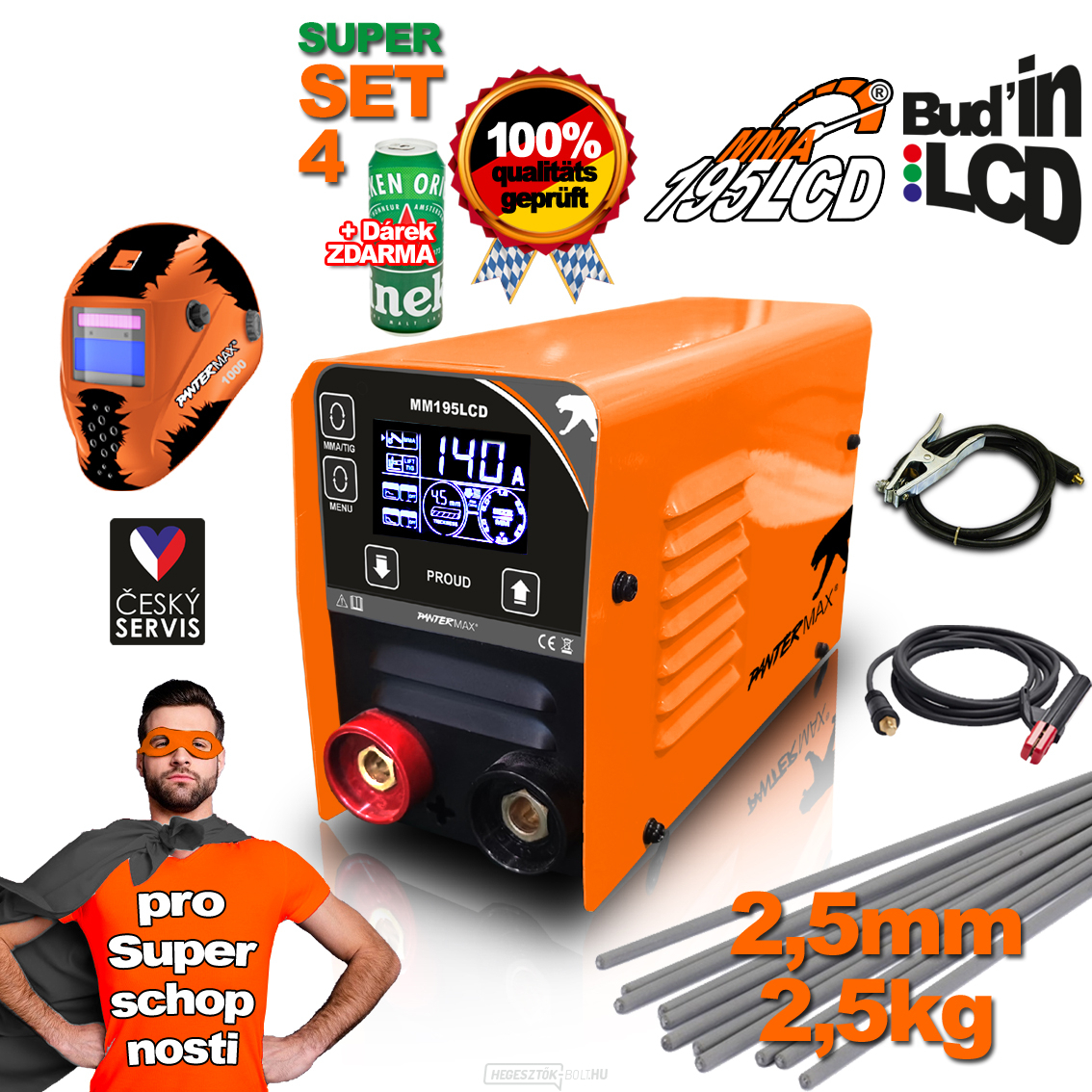 PANTERMAX MMA195LCD MMA/TIG inverteres hegesztő + 1,5 m kábelek + burkolat + kefe + 2,5 kg elektródák