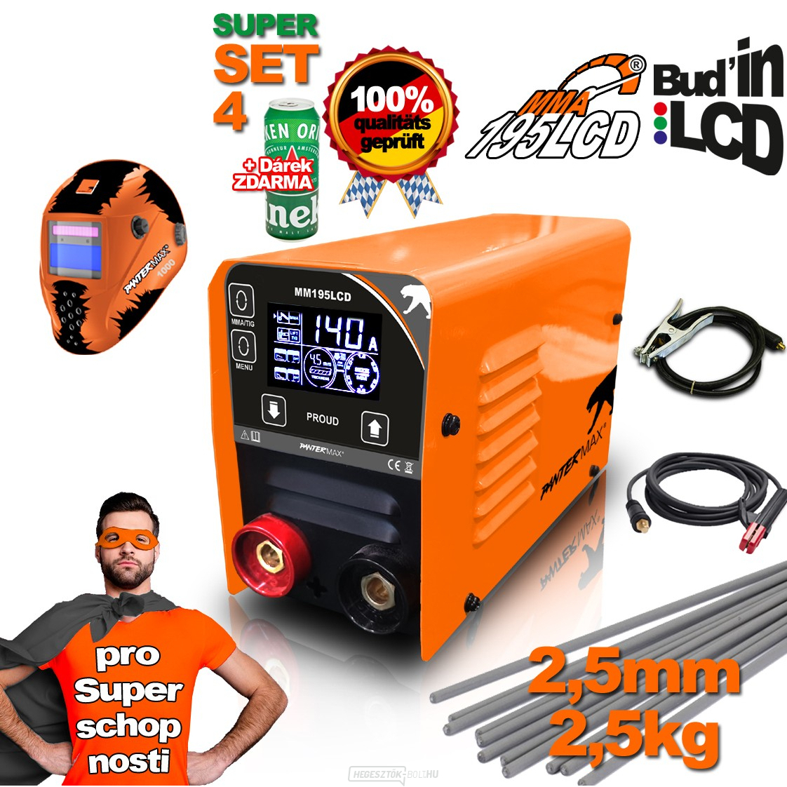 PANTERMAX MMA195LCD MMA/TIG inverteres hegesztő + 1,5 m kábelek + burkolat + kefe + 2,5 kg elektródák