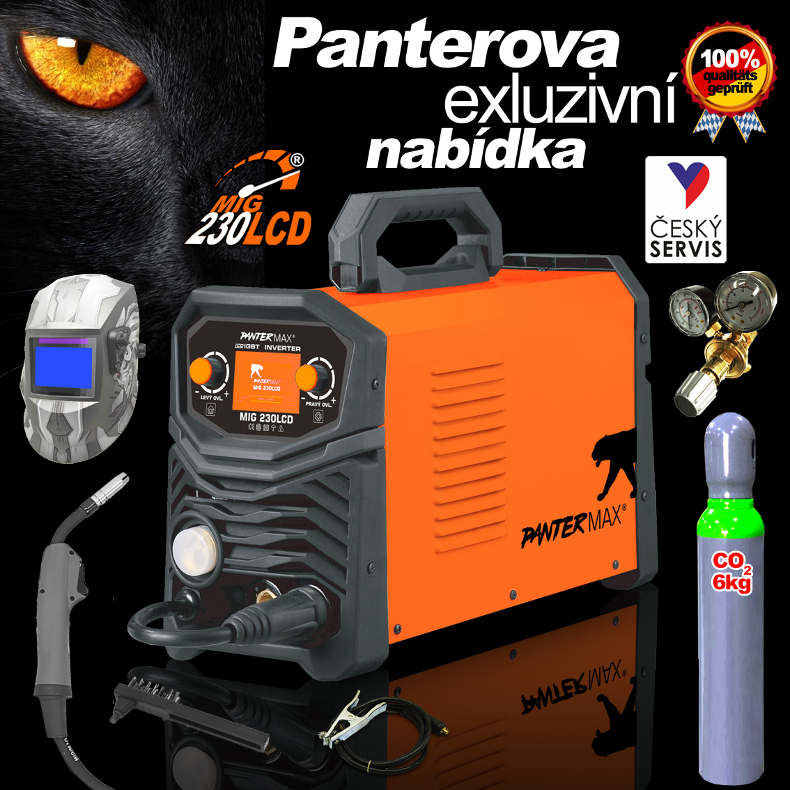 PANTERMAX MIG230LCD inverteres hegesztő MIG/TIG/MMA + Sisak + Piros. Szelep + teli CO2 palack + Égő + Kábelek + Kefe