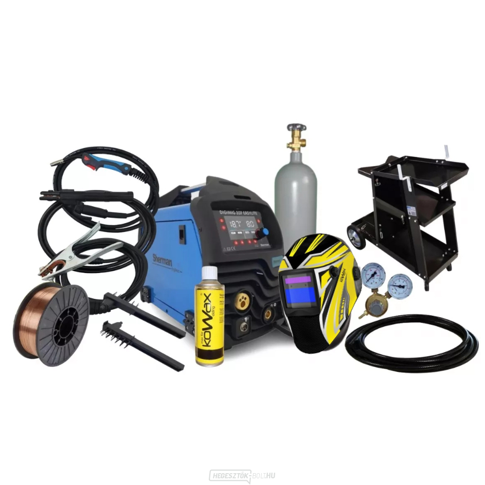 Sherman DIGIMIG 207 EASYLITE + 3m-es zseblámpa + 2m-es kábel + vezeték + szórófej + sisak + gurulós pisztoly + szelep + teli CO2 palack