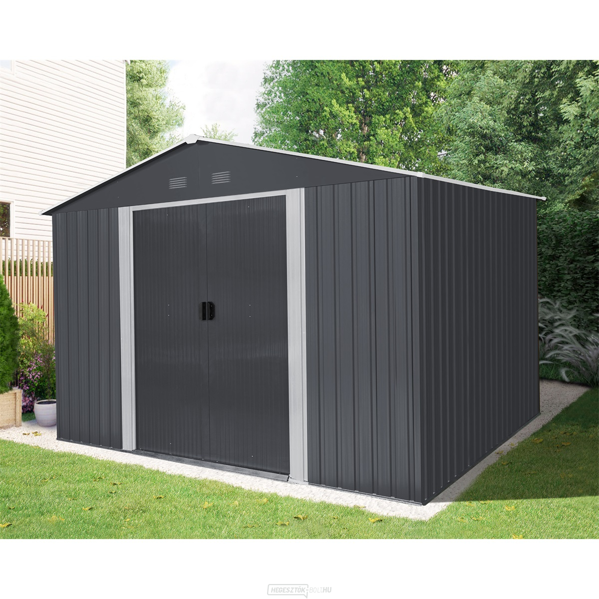 Riwall PRO RMSA 8x10 Antracit fém kerti ház 3 x 2,4 m nyeregtetős antracit tetővel