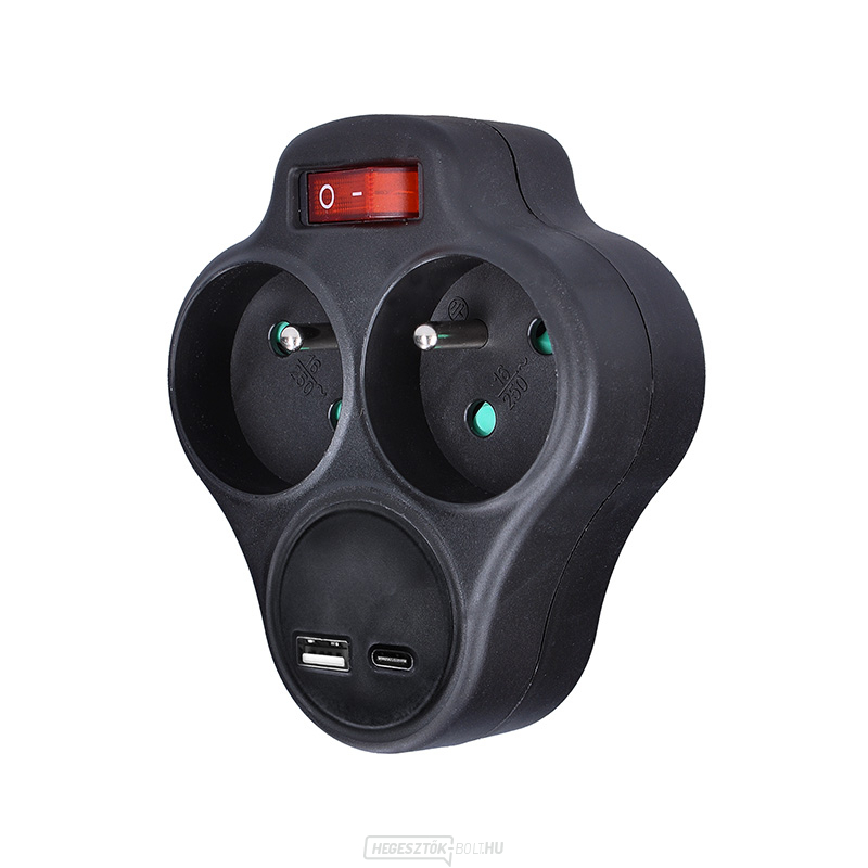 Solight hub USB A+C töltővel, 2 x 10A, fekete, kapcsoló
