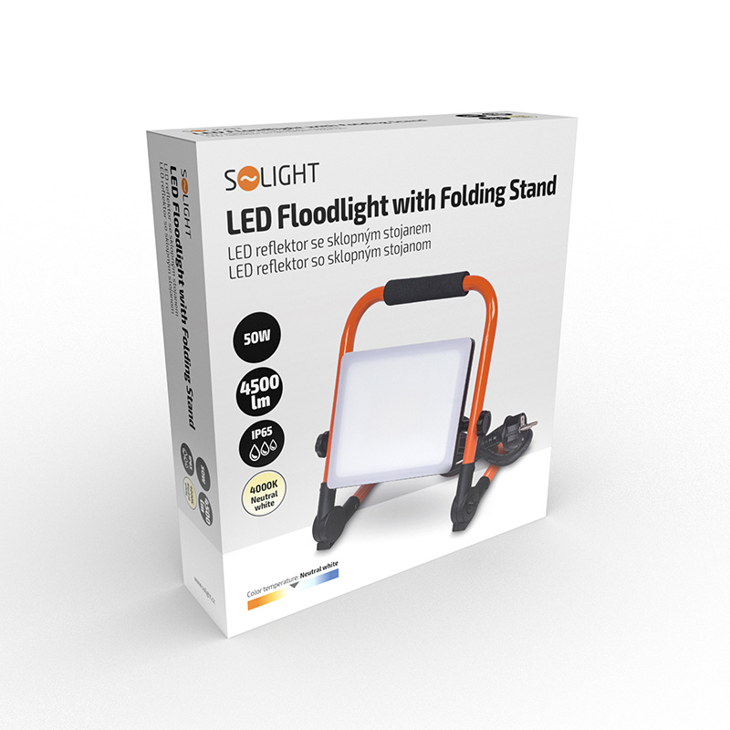 Solight LED spotlámpa összecsukható állvánnyal, 50W, 4500lm, 4000K, kábel csatlakozóval, IP65