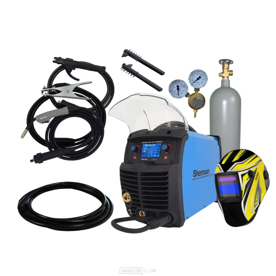 Sherman DIGIMIG 205 LCD SYNERGIC + Zseblámpa 3m + Kábelek 2m + Fedél + Szelep + Tömlő + Tele CO2 Palack 