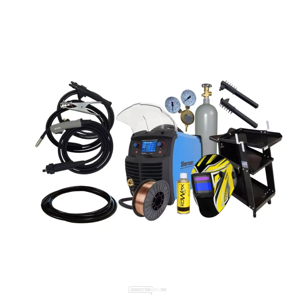 Sherman DIGIMIG 205 LCD SYNERGIC + 3m-es zseblámpa + 2m-es kábel + vezeték + szórófej + kupak + kocsi + szelep + teli CO2 palack 