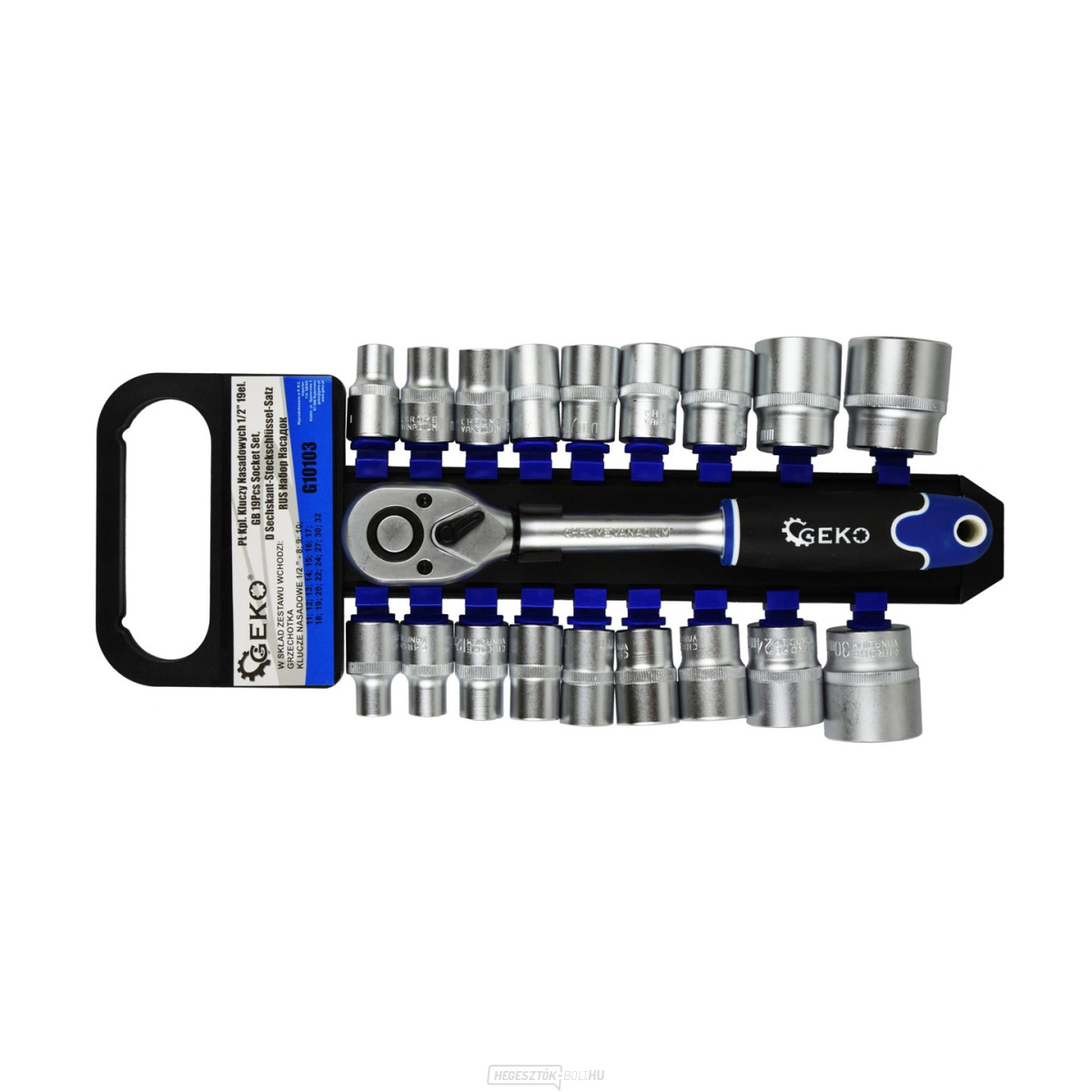 Dugófej + racsnis 1/2", 19 db-os készlet, 8-32 mm, CRV acél, Geko G10103