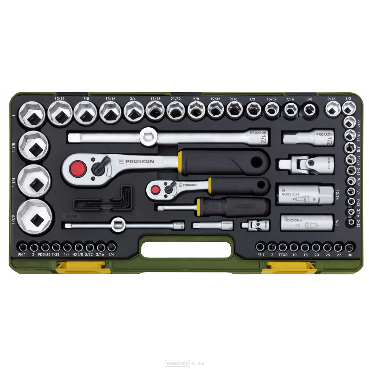 Gola készlet"hüvelykben", 1/4" és 1/2 racsnis - 65 részes