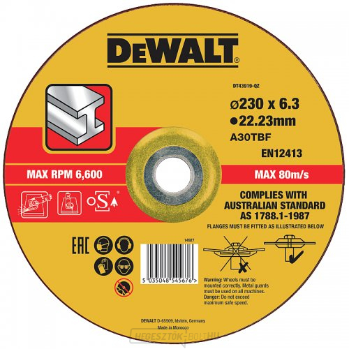 Csiszolókorong 230 x 6,0mm, 27-es típus DeWALT DT43919 DT43919