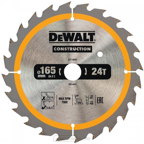 Fűrészlap 165x20mm, 24 fogú, DeWALT DT1949 akkumulátoros fűrészekhez