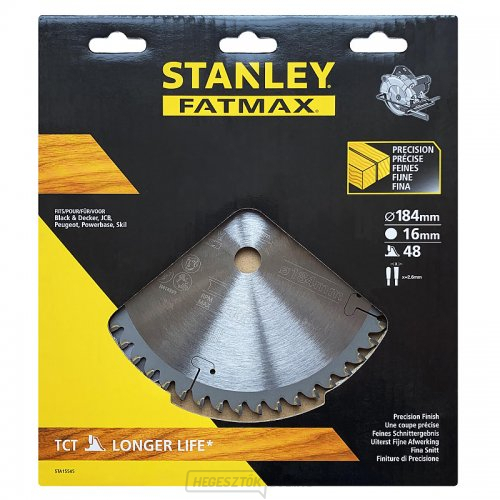 Fűrészlap TCT/HM csiszolható keresztvágáshoz 184 x 16 mm, 48 fog Stanley STA15545