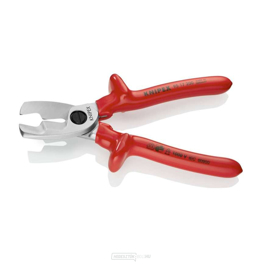 Kábelolló 200 mm - 1000V. KNIPEX 95 17 200 - Krómozott, VDE - szigetelés fürdőbe merítéssel.