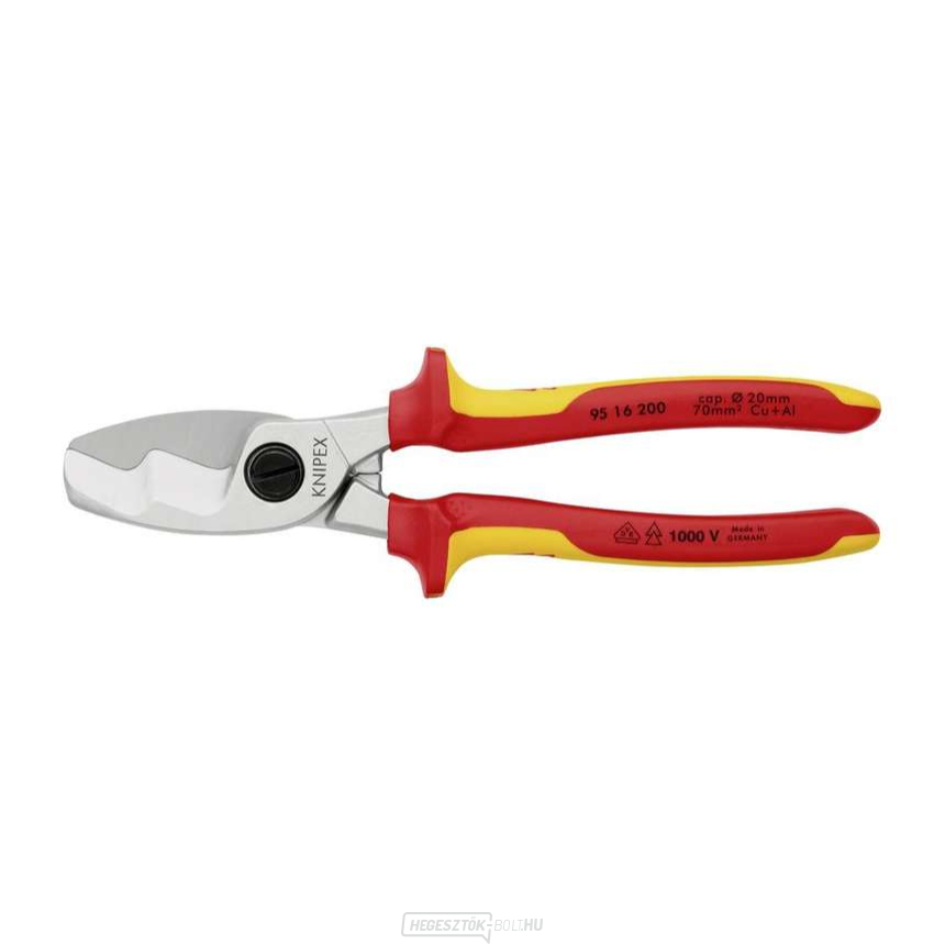 Kábelolló 200 mm, VDE 1000V. KNIPEX 95 16 200 - krómozott, többkomponensű hüvelyek