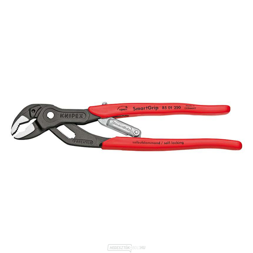 SmartGrip 250 mm-es fogó automatikus beállítással. Knipex 85 01 250 - DIN ISO 8976 - polírozott fej, műanyag markolatokkal