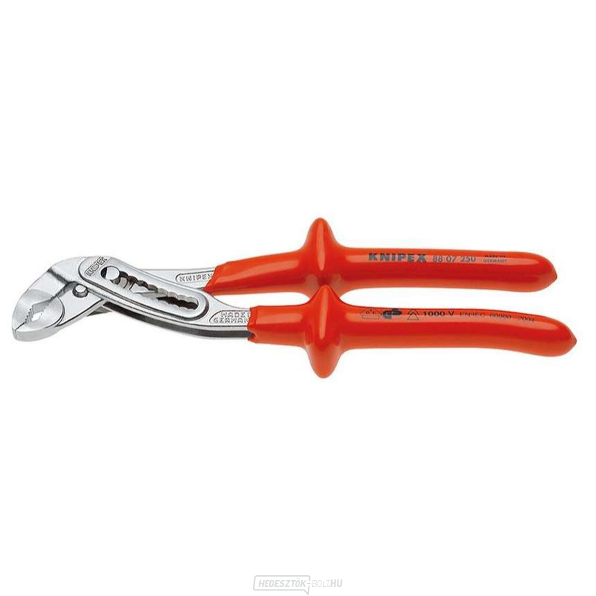 Alligátor vízvezeték fogó 250 mm - 1000V. KNIPEX 88 07 250 - krómozott, VDE - szigetelés fürdőkádba merítéssel.