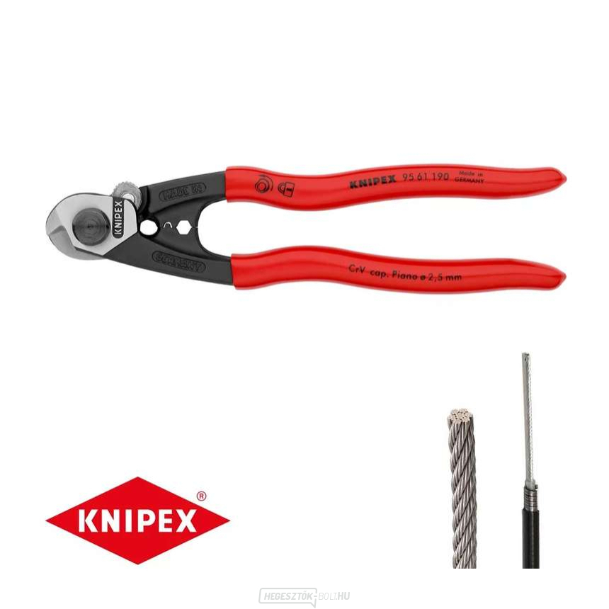 Huzal- és kötélvágó olló 190 mm KNIPEX 95 61 190 - polírozott fej, műanyag hüvelyek