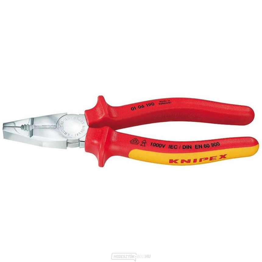 Kombinált fogó 190 mm - 1000V. KNIPEX 01 06 190 - krómozott, többkomponensű VDE hüvelyek Kombinált fogó 190 mm - 1000V. KNIPEX 01 06 190 - krómozott, többkomponensű VDE hüvelyek gallery main image
