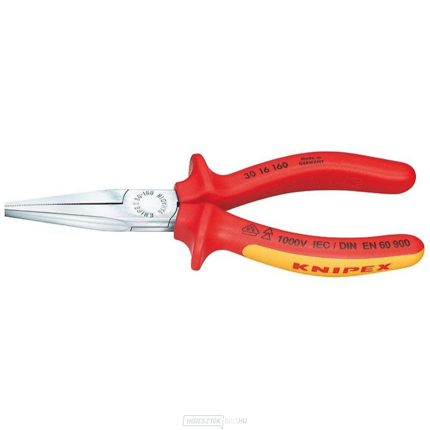 Langbeck típusú lapos fogó (meghosszabbított pofákkal) 160 mm - 1000V. KNIPEX 30 16 160 - krómozott, többkomponensű VDE hüvelyek