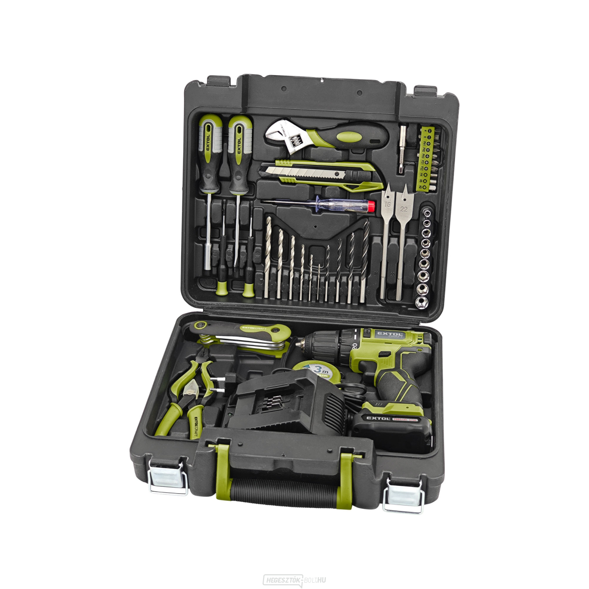 Akkus fúrócsavarhúzó, KEFE NÉLKÜL, 12V Li-ion szerszámokkal, 46 db-os készlet