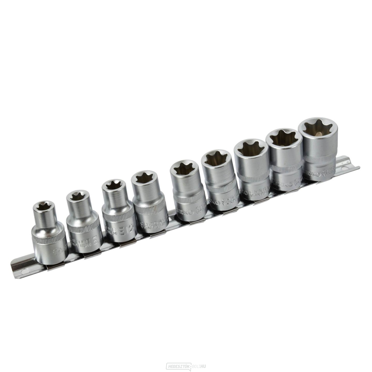 10x dugókulcskészlet E10-24,1/2" torx foglalat a GEKO(20) sínre szerelve