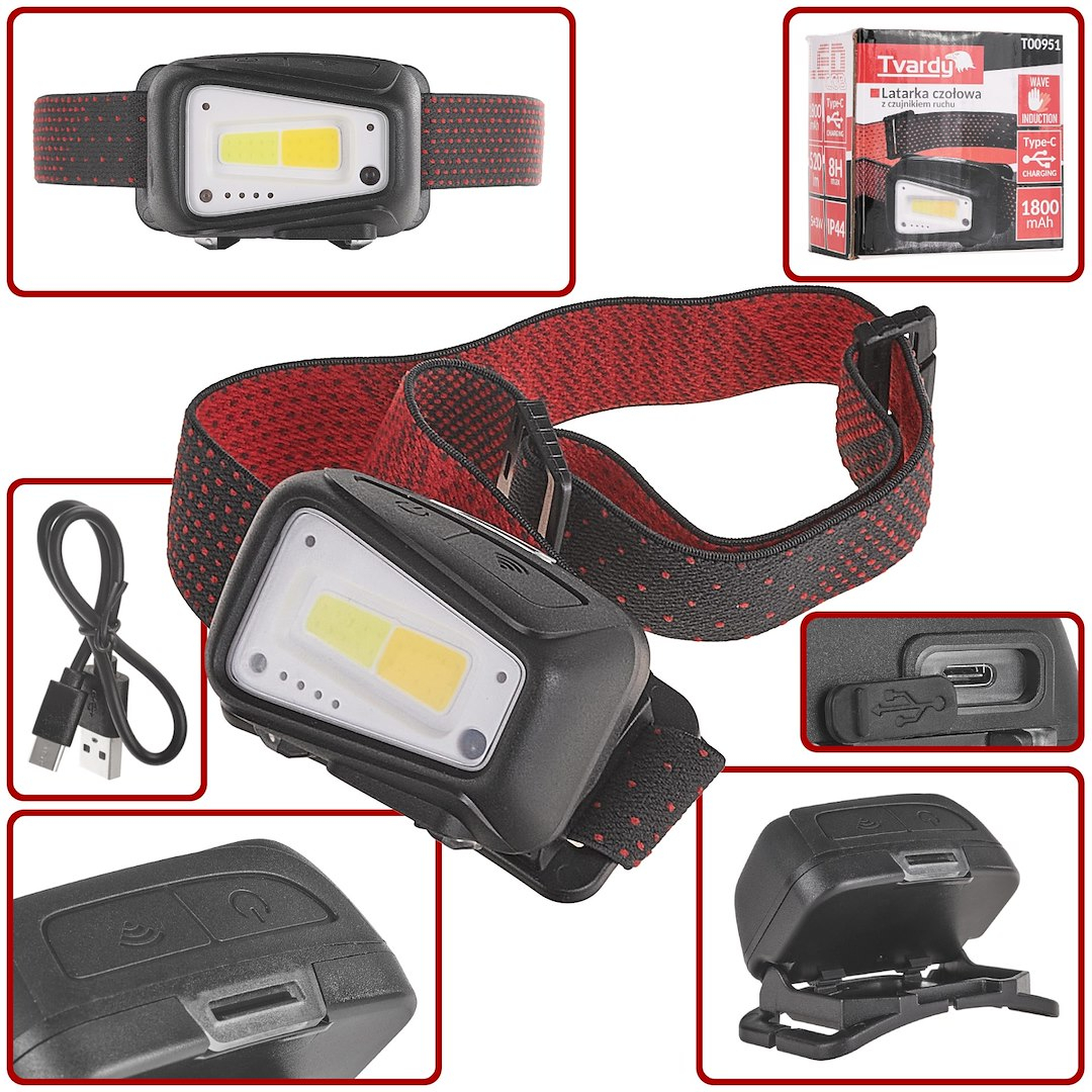 Fejlámpa mozgásérzékelővel LED COB 8W (5W+3W) 1800mAh 520lm IP44 (100)