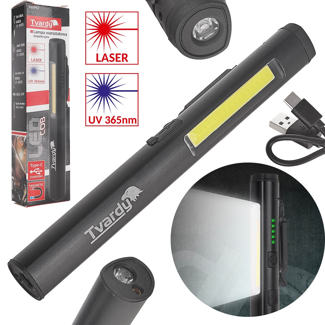 Ellenőrző műhelylámpa mágnessel LED COB 5W + 3W UV lézer 800mAh 400lm IP44 (100)