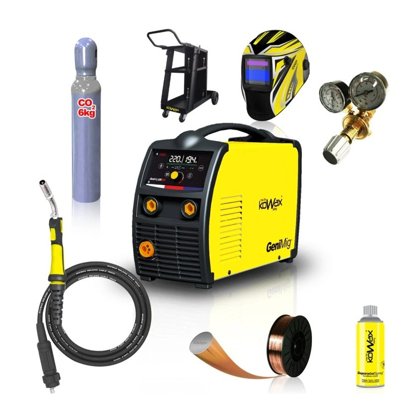 Kowax Genimig 220 LCD + Zseblámpa + Kábelek + Piros. Szelep + Burkolat + Drót + Spray + Kocsi + Reduktor + teli CO2 palack