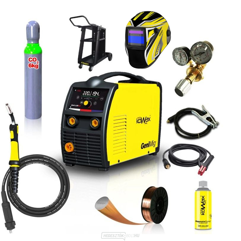 Kowax Genimig 220 LCD + Zseblámpa + Kábelek + Piros. Szelep + Burkolat + Drót + Spray + Kocsi + Reduktor + teli CO2 palack
