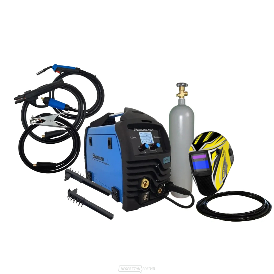 Sherman DIGIMIG 203L Swift szinergikus inverteres hegesztő + MIG pisztoly + kábelek + sisak + szelep + teli CO2 palack + gáz