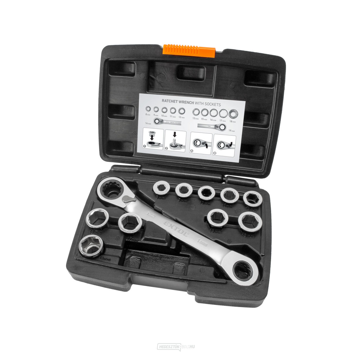 Formás racsnis kulcs és betétek, 11 db-os készlet, 8-19mm, CrV