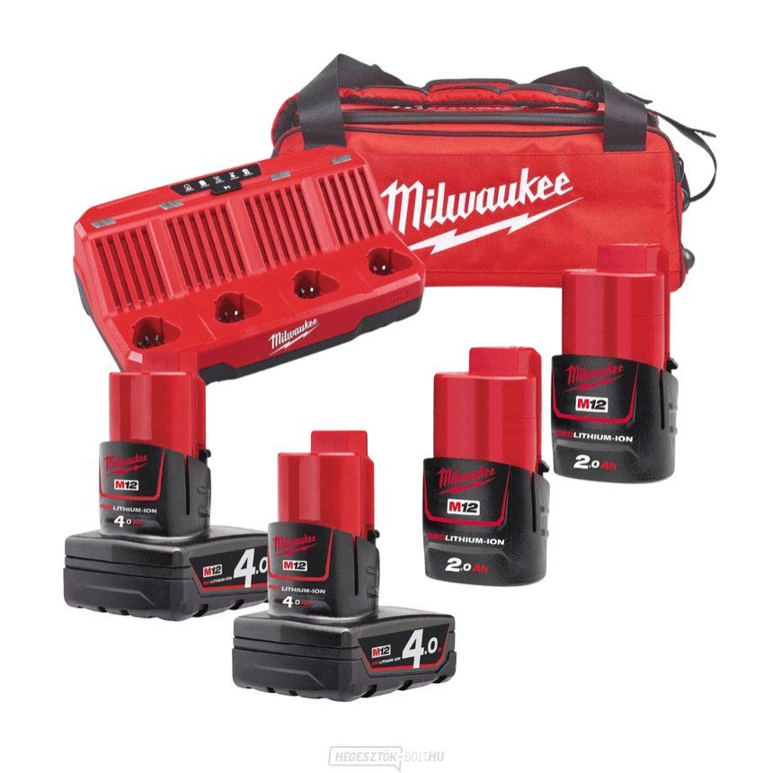 Milwaukee M12 NRG-424b akkumulátortöltő készlet, 2x M12 B2 és 2x M12 B4 akkumulátor + M12 C4 akkumulátortöltő + táska, 4933471772 gallery main image