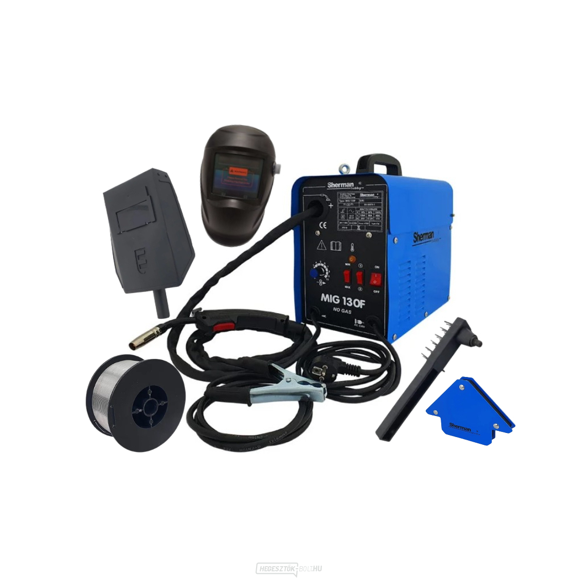 Sherman MIG 130F hegesztő (csak csővezetékekhez) + pisztoly + kábelek + árnyékolás + kalapács + burkolat + huzal + mágnes