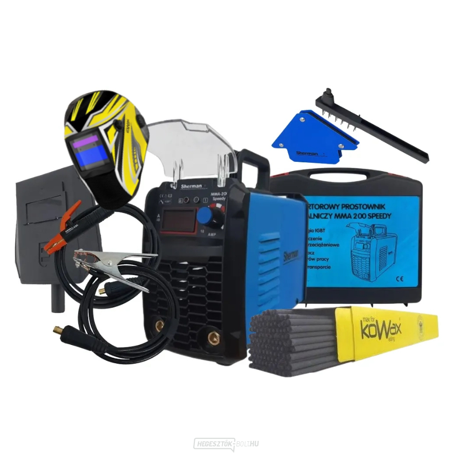 Sherman Welding Inverter MMA 200 Speedy + tok + kábelek + kefe + burkolat KWX3 + 2,5 mm-es elektródák + mágnes