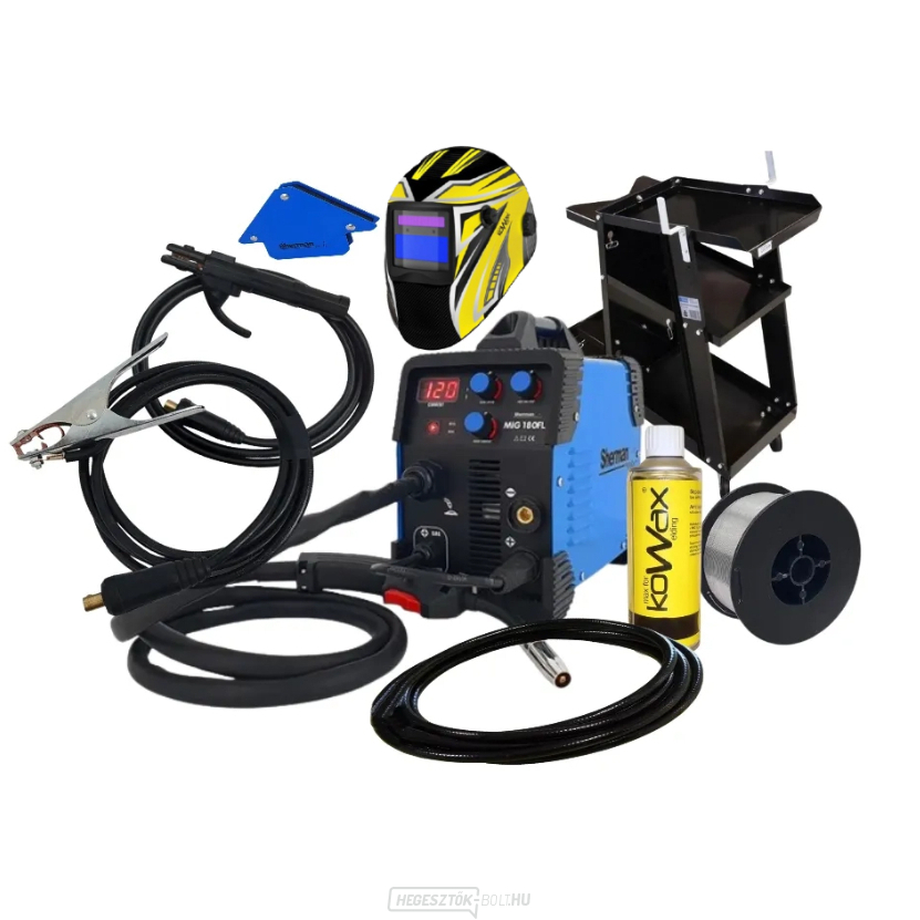 Sherman Welding Inverter MIG 180FL + zseblámpa + kábelek + burkolat + kocsi + spray + csővezeték + mágnes 