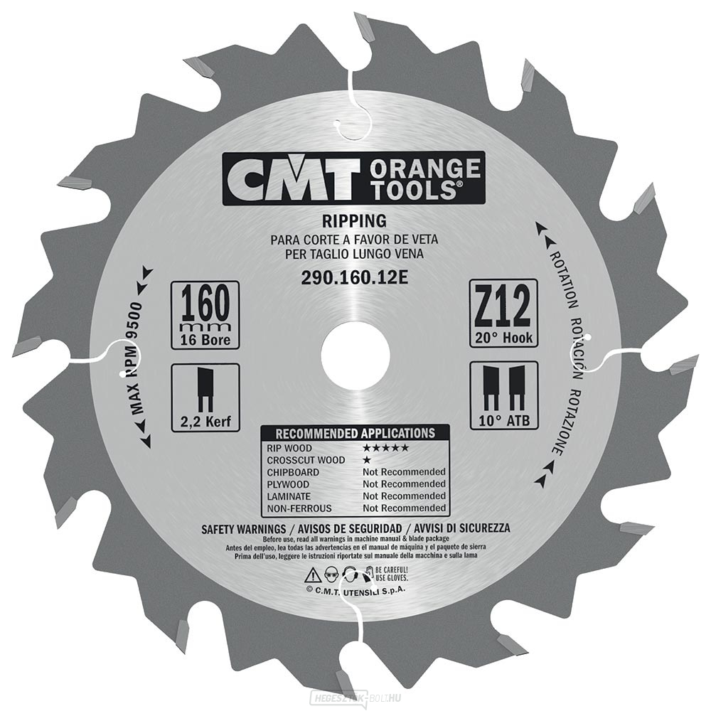 CMT fűrészlap elektromos szerszámokhoz, hosszirányú vágás - D160x16 Z12 HW