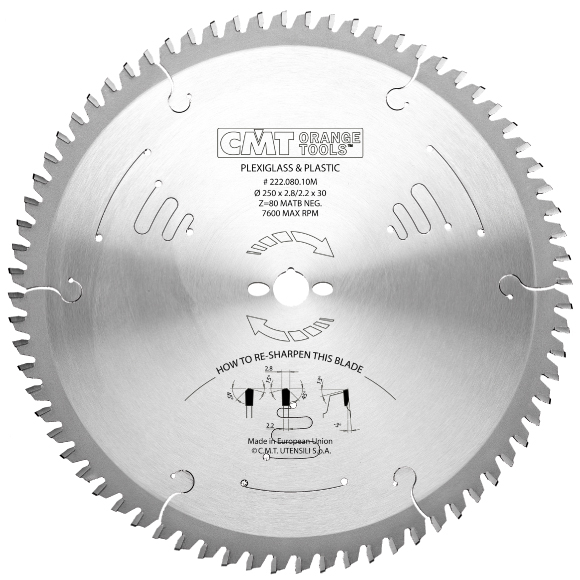 CMT fűrészlap úszó padlókhoz, PVC, plexi - D250x2,8 d30 Z80 HW