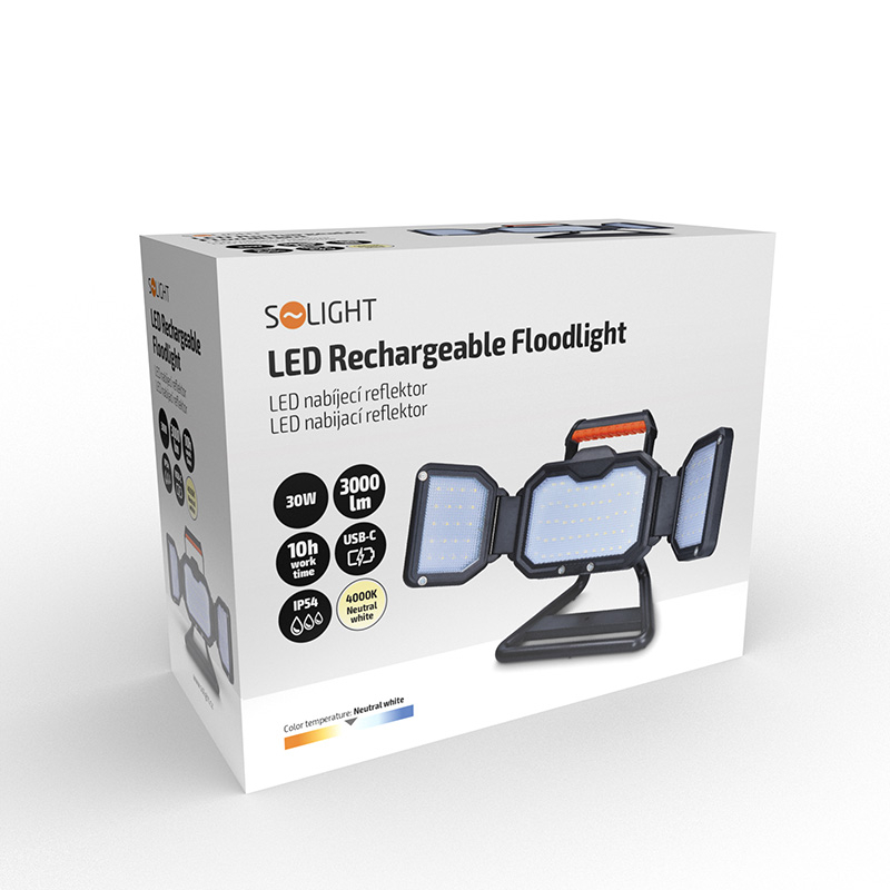 Solight LED spotlámpa 30W, hordozható, újratölthető, 3000lm, narancs-fekete