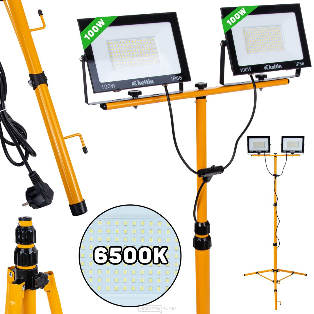 2x100W LED-es reflektor teleszkópos építőállvánnyal és kábellel - hideg fehér színű 6500K (1)