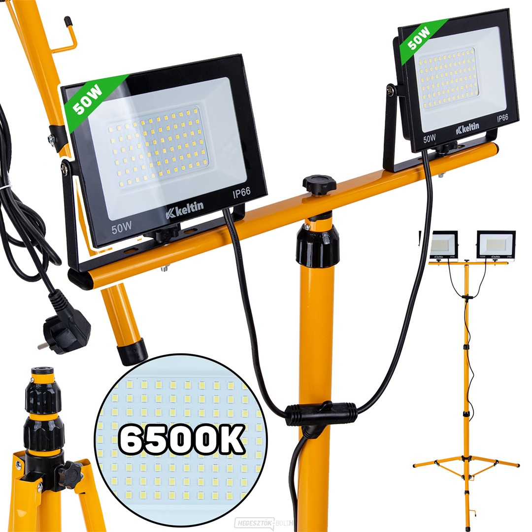 2x50W LED-es reflektor teleszkópos építőállvánnyal és kábellel - hideg fehér színű 6500K (1)