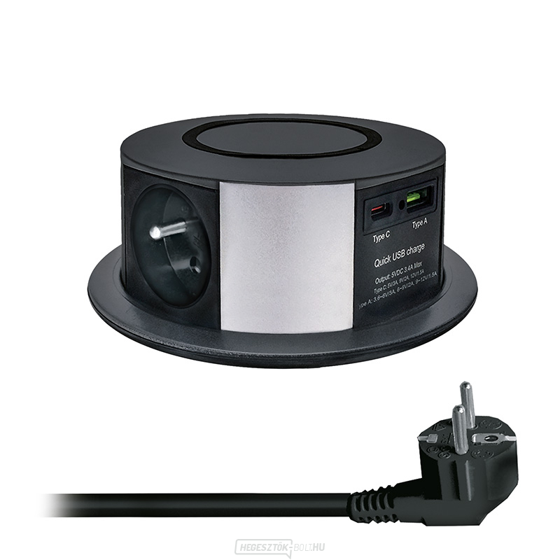 Solight 3z + USB A+C 20W PD, vezeték nélküli 10W, kihúzható aljzatblokk, 2m, fekete
