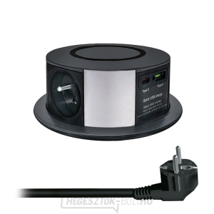 Solight 3z + USB A+C 20W PD, vezeték nélküli 10W, kihúzható aljzatblokk, 2m, fekete gallery main image