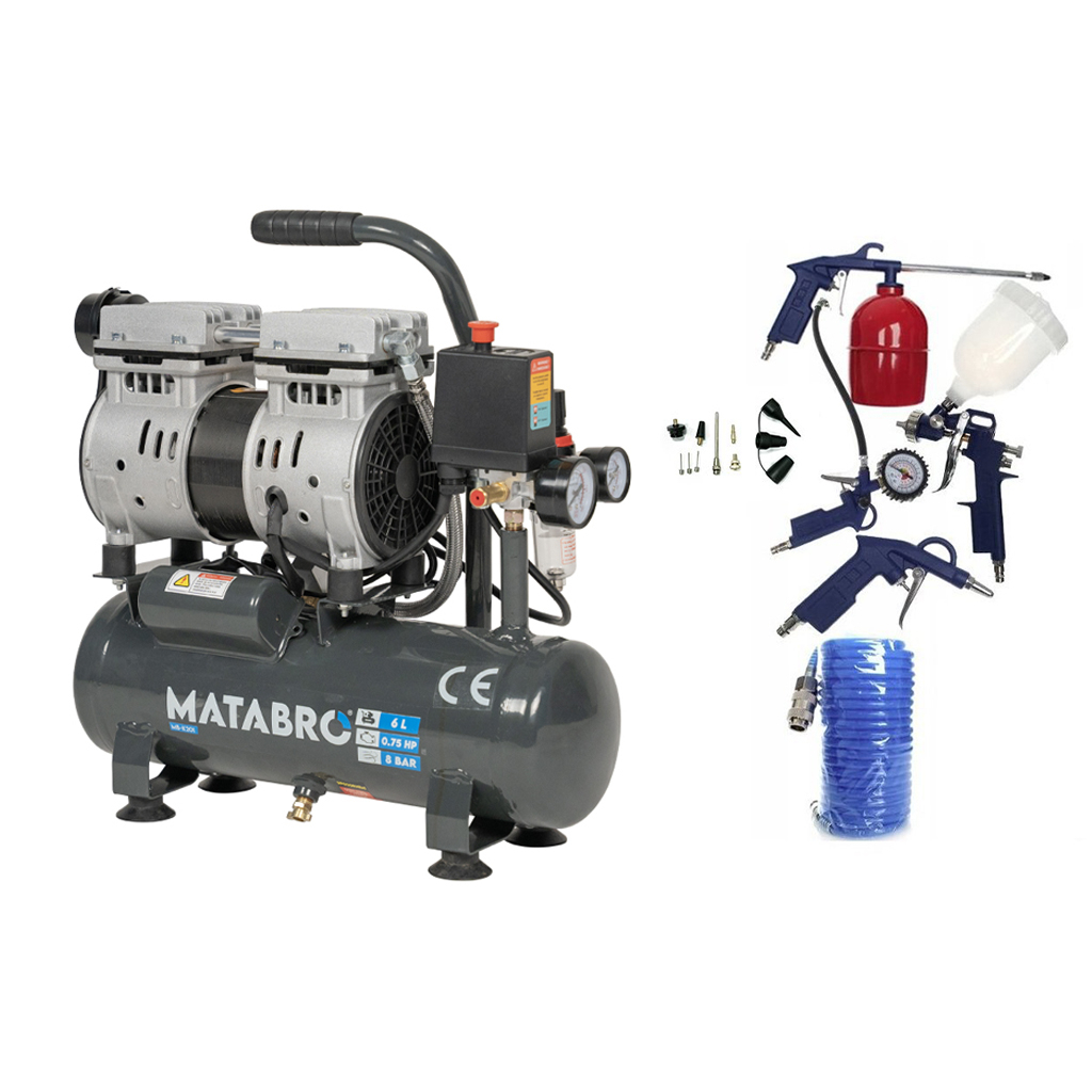 KIÁRUSÍTÁS SETMB-K201, Olajmentes kompresszor 6l, 230V, 2 dugattyús tartozékokkal | 550W | Matabro