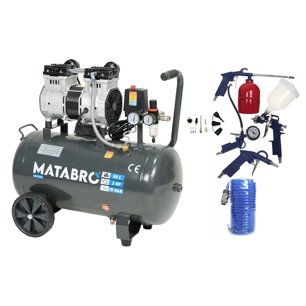 KIÁRUSÍTÁS SETMB-K202, Olajmentes kompresszor 50l, 230V, 2 dugattyús tartozékokkal | 2000W | Matabro